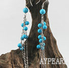 Fashion Long Chain Style 6-8Mm Round Blue Turquoise Ball Dangle Earrings