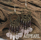 Wholesale Nice Long Style Vintage Garnet And Rose Quartz Dangle Earrings With Loop Bronze Charm