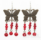 Fashion Vintage Round Red Bloodstone And Butterfly Bronze Charm Dangle Earrings