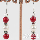Fashion White Freshwater Pearl And Red Round Coral Dangle Earrings With Fish Hook