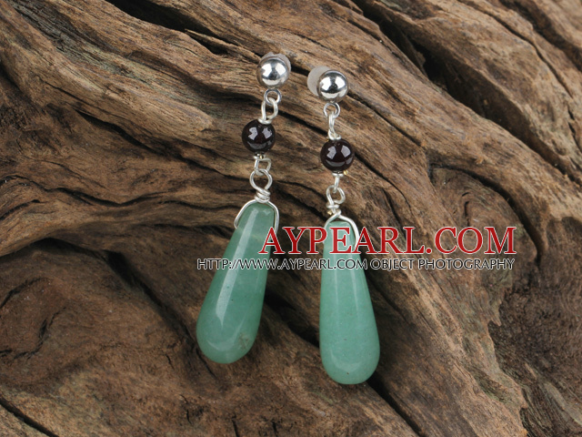 Fashion Round Garnet And Long Teardrop Aventurine Dangle Studs Earrings