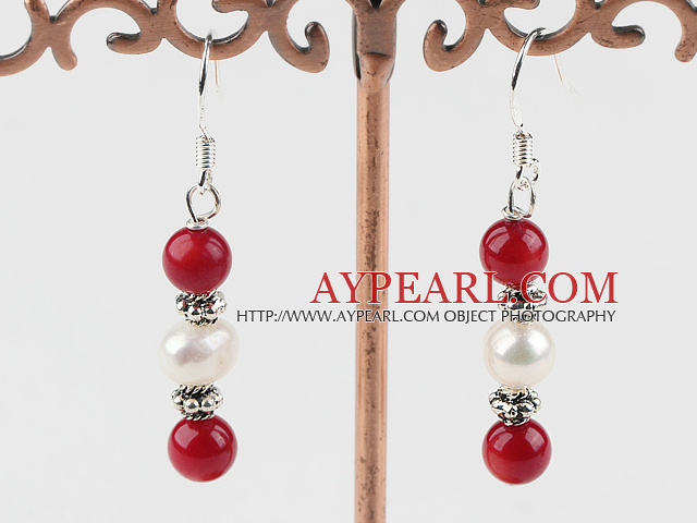 Fashion White Freshwater Pearl And Red Round Coral Dangle Earrings With Fish Hook