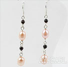 Dangle Style Pink Freshwater Pearl and Garnet Long Earrings