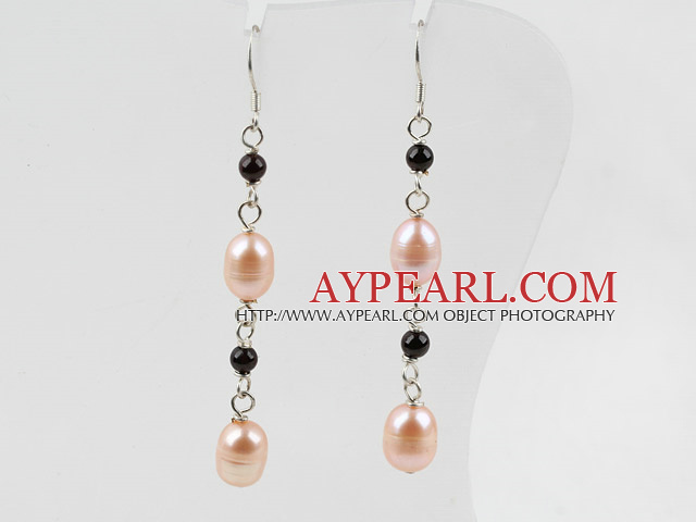 Dangle Style Pink Freshwater Pearl and Garnet Long Earrings