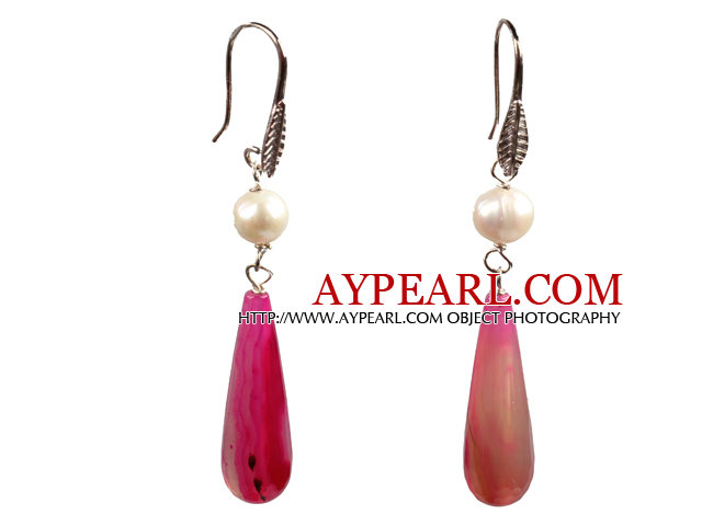 Summer Style Natural White Pearl Faceted Drop Shape Pink Agate Dangle Earrings