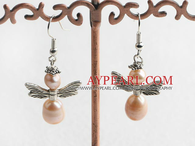 Classic Natural Purple Freshwater Pearl And Metal Butterfly Charm Dangle Earrings