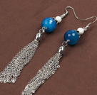 Fashion Long Style Blus Agate And White Porcelain Bead Alloyed Tassel Dangle Earrings