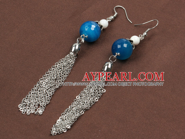 Fashion Long Style Blus Agate And White Porcelain Bead Alloyed Tassel Dangle Earrings