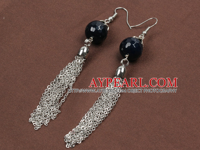 Fashion Long Style Faceted Black Agate Bead Alloyed Tassel Dangle Earrings