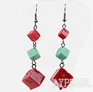 Beautiful Cubic Red Coral And Blue Turquoise Dangle Earrings With Fish Hook