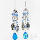 Popular Long Chain Loop Blue Crystal And Nice Leaf Charm Drop Earrings