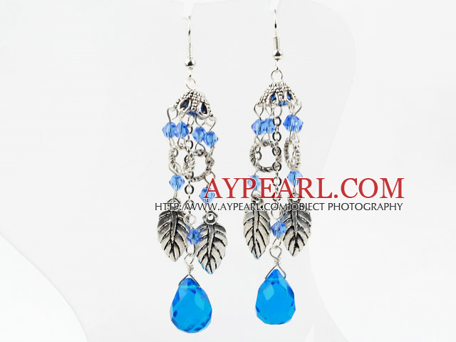 Popular Long Chain Loop Blue Crystal And Nice Leaf Charm Drop Earrings