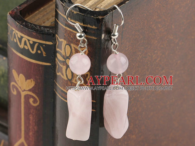 Fashion Twisted Crylinder And Round Shape Rose Quartz Dangle Earrings With Fish Hook