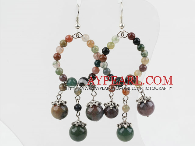 Beautiful Large Loop Round Colorful Indian Agate Dangle Earrings With Fish Hook