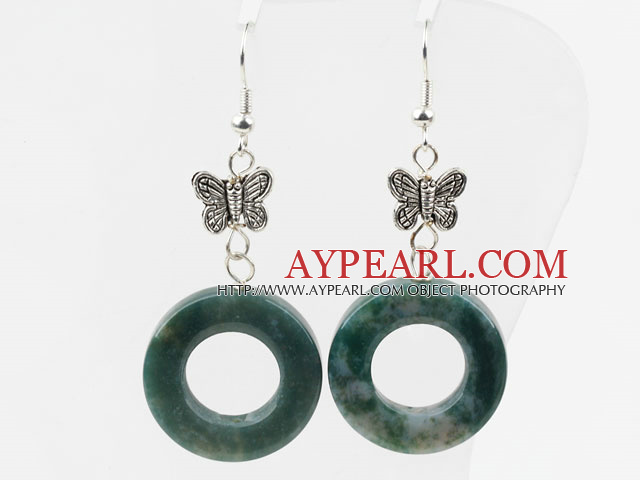 Beautiful Donut Shape Indian Agate And Butterfly Charm Dangle Earrings With Fish Hook