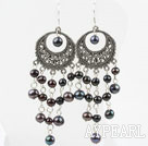 Beautiful Long Vintage Style Black Freshwater Pearl Dangle Earrings With Loop Metal Charm