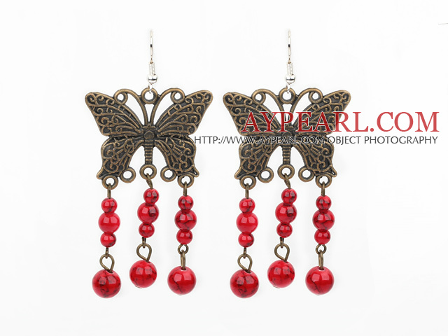 Fashion Vintage Round Red Bloodstone And Butterfly Bronze Charm Dangle Earrings