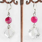 pink agate and white crystal dangle earrings