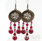 Long Vintage Style Round Rose Red Agate Dangle Earrings With Bronze Charm