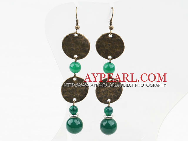 Vintage Style Green Agate Earrings with Bronze Flat Accessories