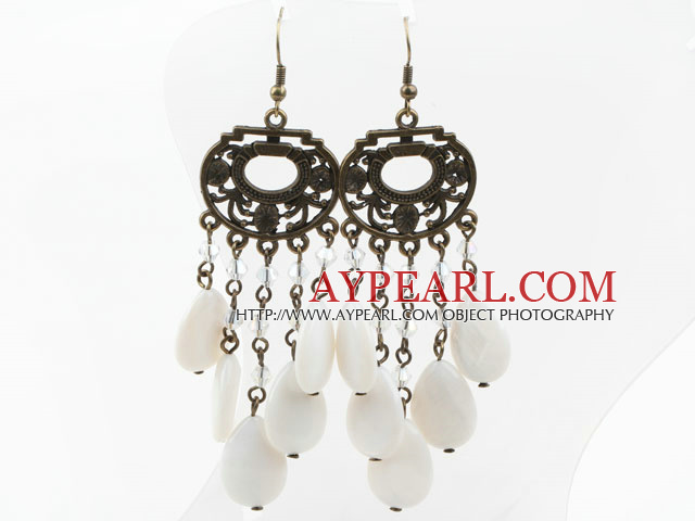 Vintage Style Drop Shape White Shell and Crystal Earrings