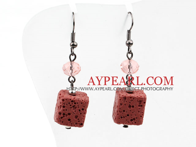Fashion Cubic Shape Brick Red Volcanic Stone And Pink Crystal Dangle Earrings