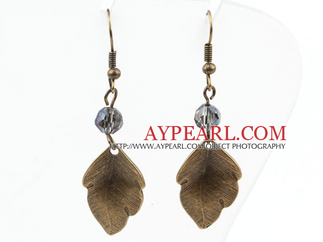 Vintage Style Gray Crystal Earrings with Bronze Leaves Accessories