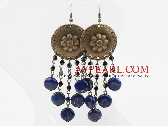 Vintage Style Lapis Earrings with Bronze Flower Accessories