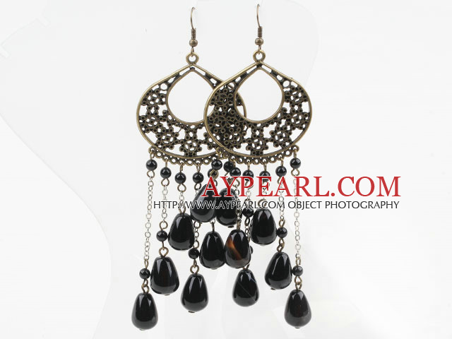 Long Vintage Loop Chain Style Black Round And Teardrop Agate Dangle Earrings