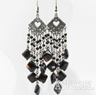 Long Style Black and Clear Crystal and Lined Agate Chandelier Earrings
