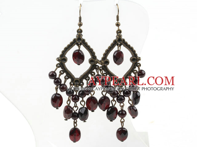 Vintage Loop Round And Faceted Oval Garnet Dangle Earrings With Copper Charm