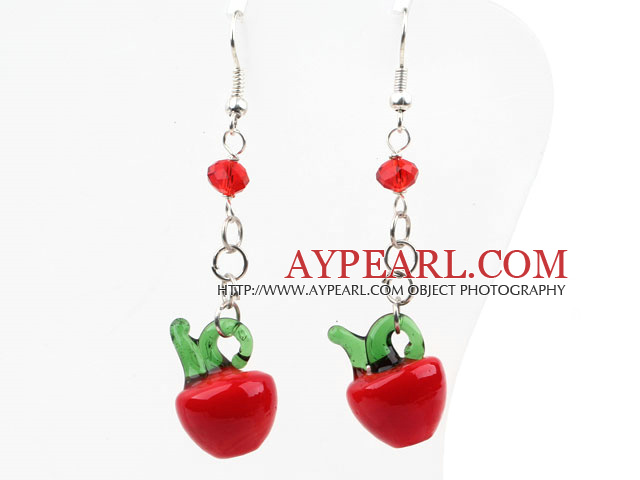 Dangle Style Red Crystal and Red Apple Shape Colored Glaze Charm Earrings