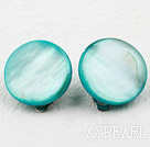 Classic Design Round Blue Green Dyed Shell Clip Earrings