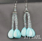 Drop Shape Blue Shell and Clear Crystal Dangle Earrings
