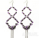 New Style Long Design Rhombus Shape Garnet and Amethyst Tassel Earrings