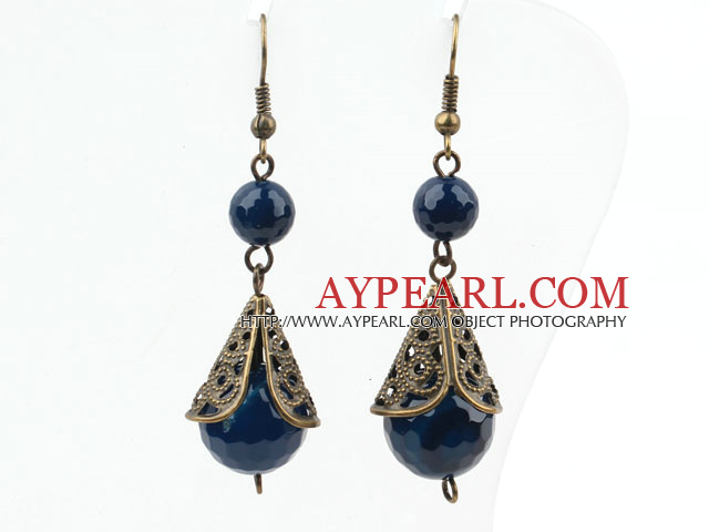 Vintage Style 12mm Faceted Blue Agate Earrings