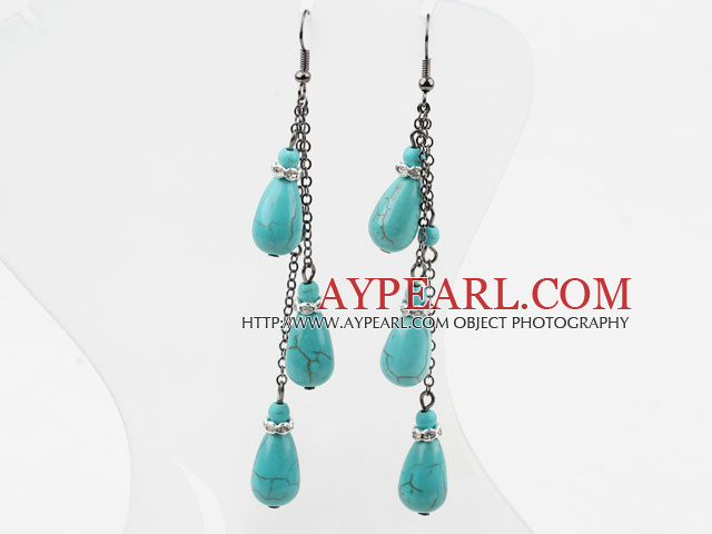 Long Style Drop Shape Turquoise Dangle Earrings