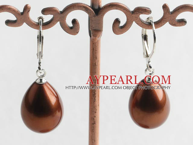 Lovely Brown Pear Shape Sea Shell Beaded Drop Earrings With Lever Back Hook