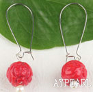Fashion Carved Flower Red Coral Beads Dangle Earrings With Large Hoop Earwires