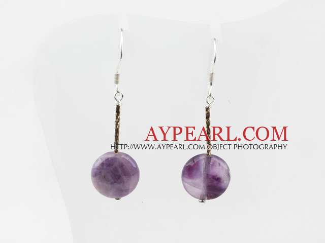 Dangle Style Flat Round Amethyst Earrings