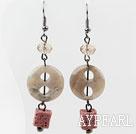 Lovely Gray Button Shape Agate And Cubic Volcanic Smoky Crystal Dangle Earrings