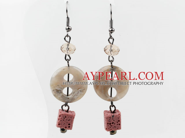 Lovely Gray Button Shape Agate And Cubic Volcanic Smoky Crystal Dangle Earrings