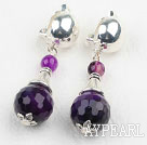Fashion Faceted Round Purple Agate Metal Charm Clip-On Earrings