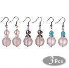Wholesale 3 Pcs Simple Design Beautiful Faceted Rose Quartz Ball And Pearl And Blue Jade Dangle Earrings