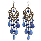 Vintage Style Chandelier Shape Blue Pearl Drop Shell Dangle Earrings With Heart Shape Bronze Accessory