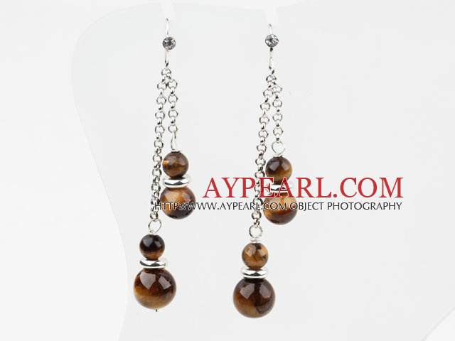 Dangle Style Round Tiger Eye Earrings with Metal Chain