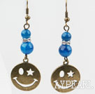 Vintage Style Round Blue Agate Earrings with Bronze Smile Face Accessories