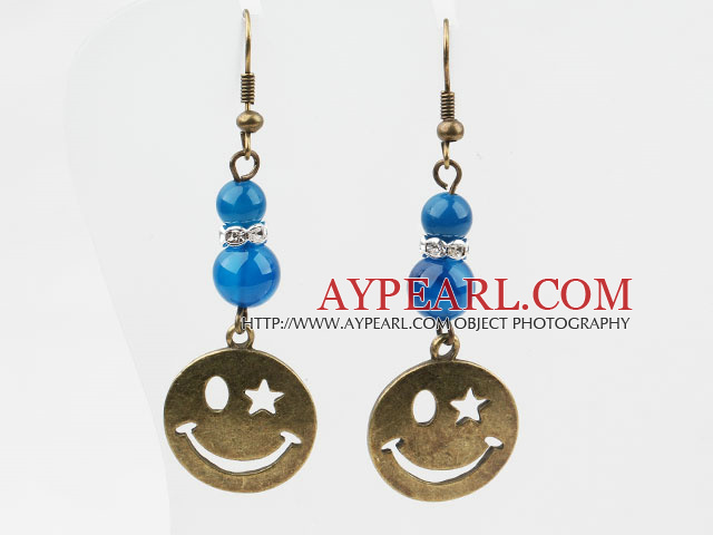 Vintage Style Round Blue Agate Earrings with Bronze Smile Face Accessories