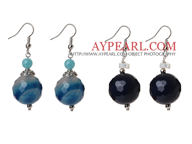 2 Pcs Classic Design Blue Faceted Agate Ball And Blue Jade And White Sea Shell Earrings