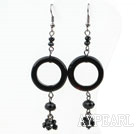 Wholesale Donuts Shape Black Agate and Black Crystal Dangle Earrings